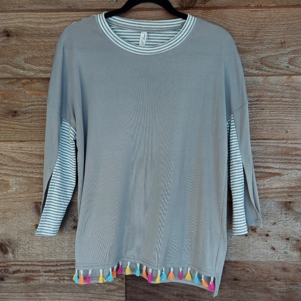 Gray Top with Striped Trim and Tassels Size Medium